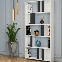 Libreria Bianco Nero Antracite 4 Ripiani Installazione Libera 90x20x180h cm, Sfumatura Colore Struttura Antracite - Tribogna