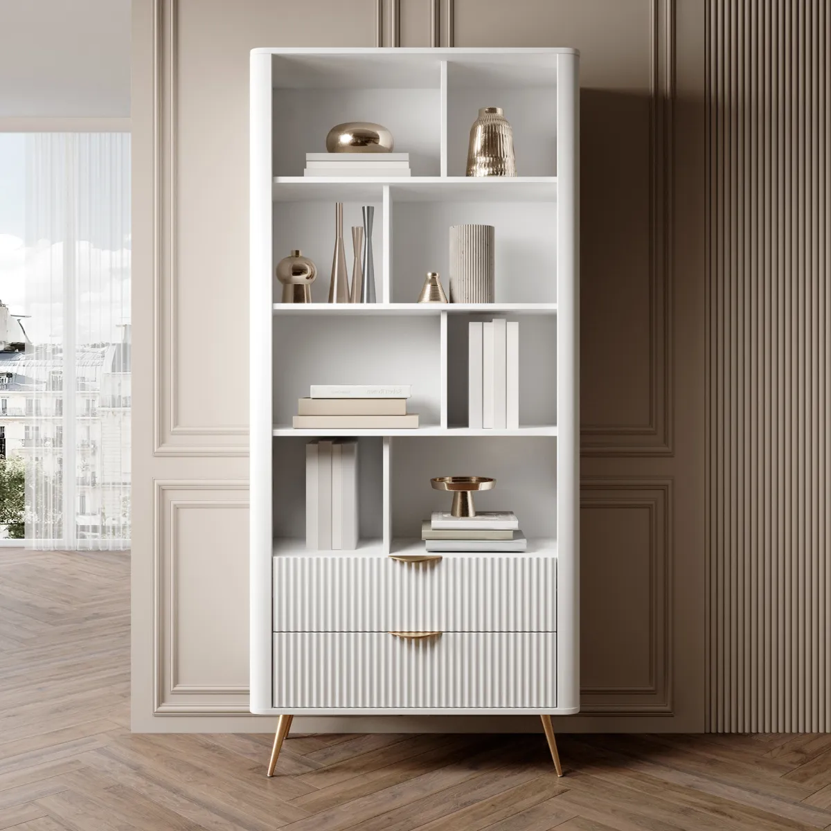 Librerie > Dmora Libreria Bianco oro 2 Cassetti 4 Ripiani 88x38x194h cm, con Piedini - Kabavasi Oro, Bianco