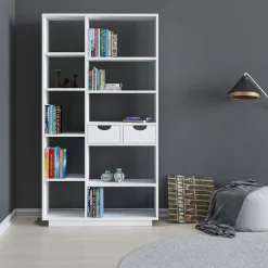 Librerie > Dmora Libreria 8 Ripiani 2 Cassetti 80x25x189h cm, Installazione Libera - Imer Bianco