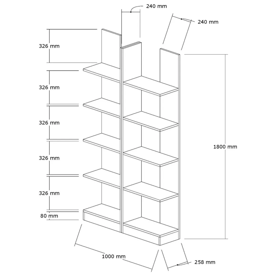 Libreria Bianco 8 Ripiani Installazione Libera 100x26x180h cm, Struttura Verticale - Noasca