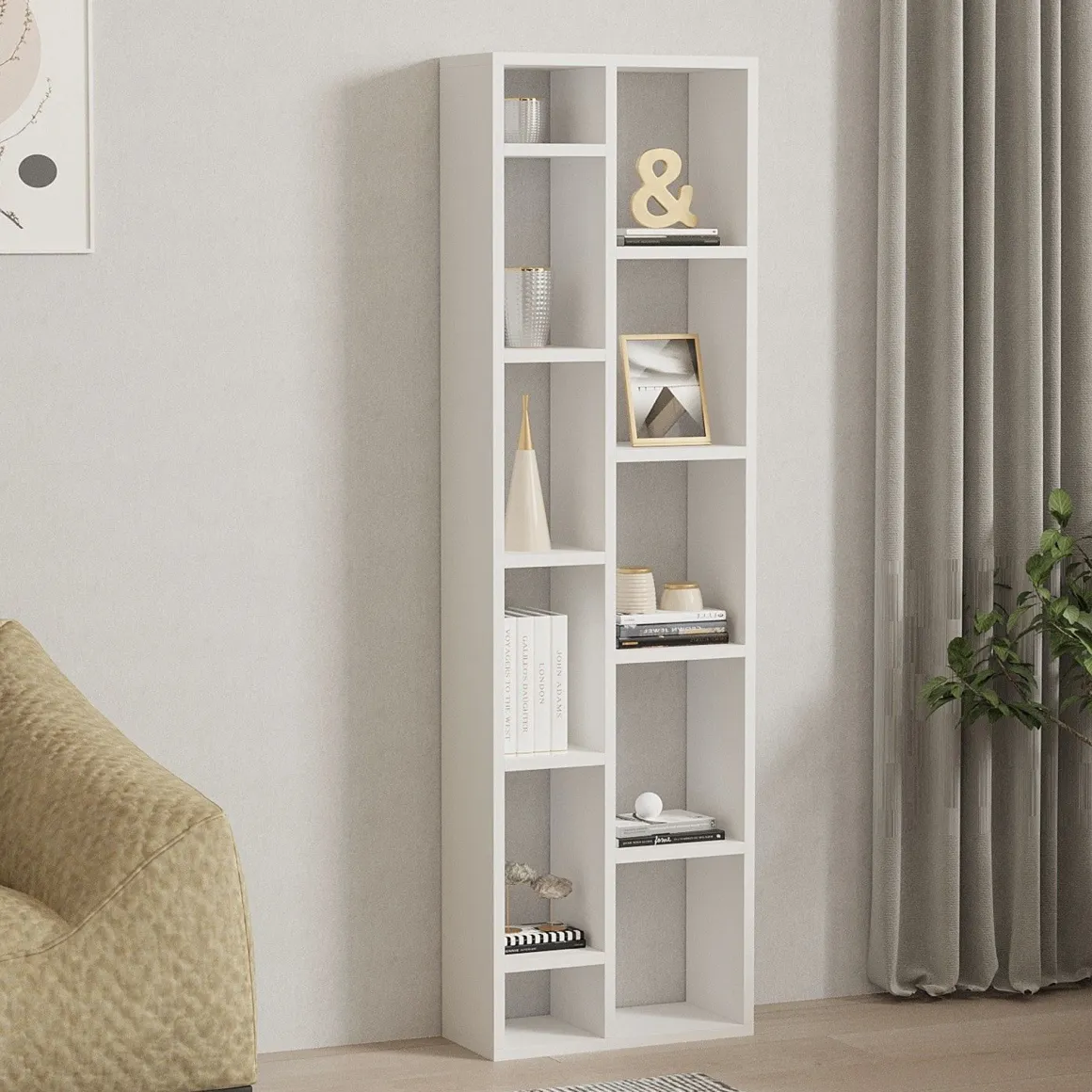 Libreria Bianco 9 Ripiani Installazione Libera 44x20x150h cm, Struttura Verticale - Mortara