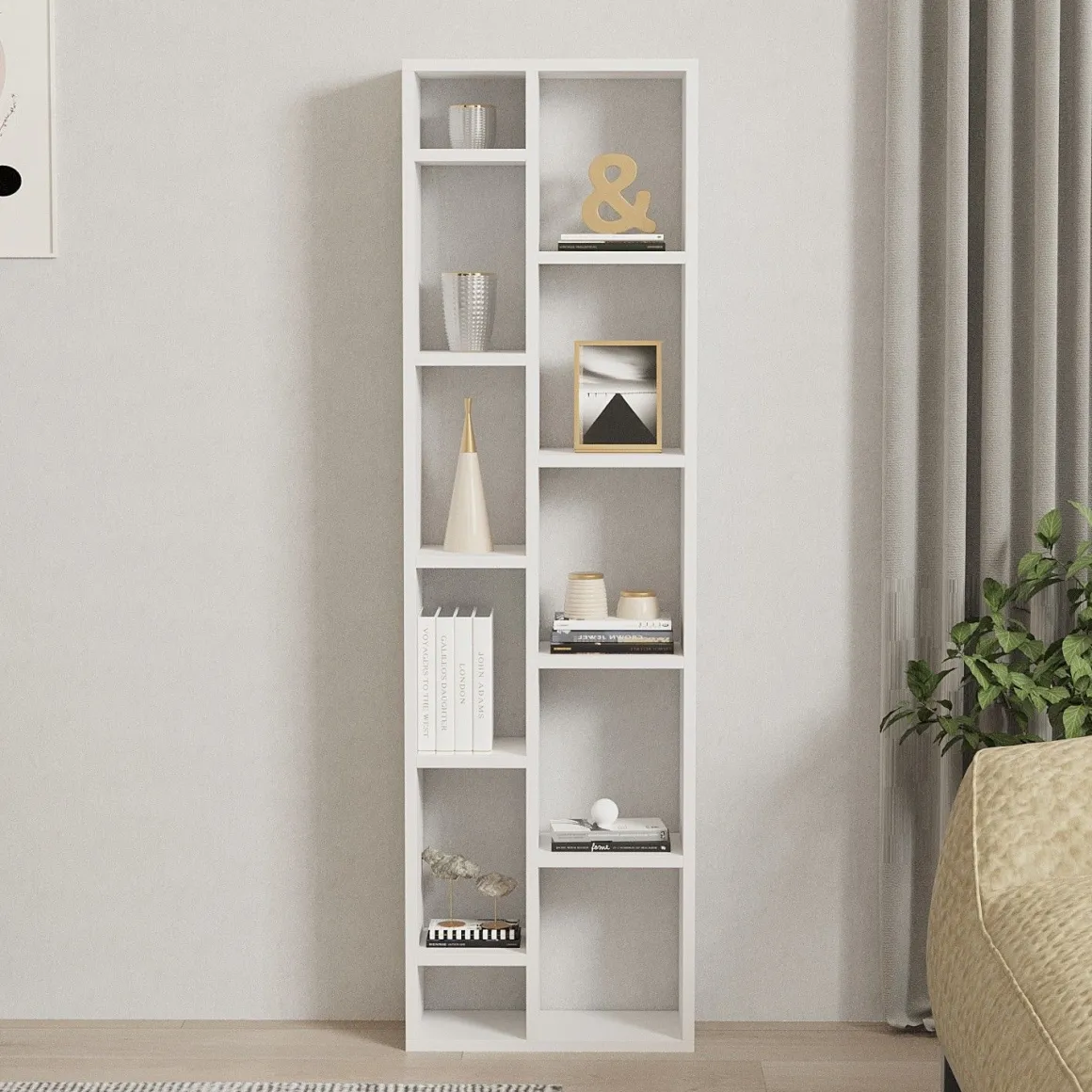 Libreria Bianco 9 Ripiani Installazione Libera 44x20x150h cm, Struttura Verticale - Mortara