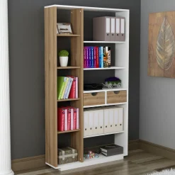 Librerie > Dmora Libreria Bianco Rovere Marrone 8 Ripiani 2 Cassetti 80x25x189h cm, Installazione Libera - Imer Marrone, Bianco Rovere