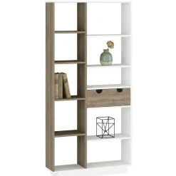 Librerie > Dmora Libreria Bianco Rovere Marrone 8 Ripiani 2 Cassetti 80x25x189h cm, Installazione Libera - Imer Marrone, Bianco Rovere