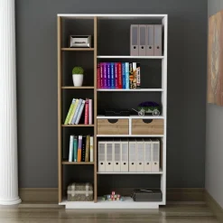 Librerie > Dmora Libreria Bianco Rovere Marrone 8 Ripiani 2 Cassetti 80x25x189h cm, Installazione Libera - Imer Marrone, Bianco Rovere
