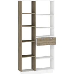 Librerie > Dmora Libreria Bianco Rovere Marrone 8 Ripiani 2 Cassetti 80x25x189h cm, Installazione Libera - Imer Marrone, Bianco Rovere