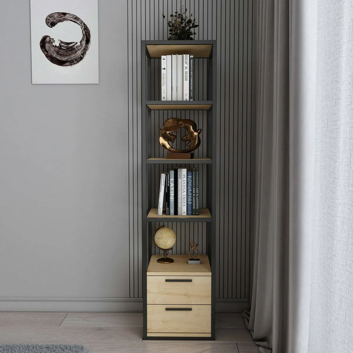 Librerie|Ufficio > Dmora Libreria con 2 cassetti nera e quercia 39x169h cm - Arsim Marrone, Nero Quercia