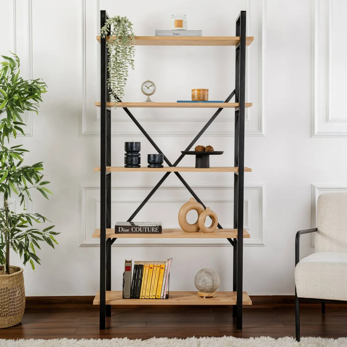 Librerie > Dmora Libreria fissa quercia e nera 90x180h cm - Suriel Nero, Marrone Quercia
