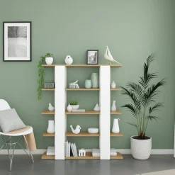 Librerie|Ufficio > Dmora Libreria fissa rovere nodi e bianca lucida 108x136h cm - Madreperla Bianco Lucido, Marrone Rovere Nodi