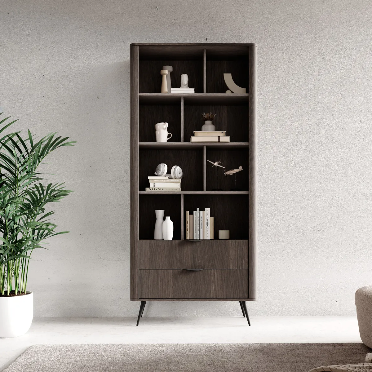 Librerie > Dmora Libreria 2 Cassetti 4 Ripiani 88x38x194h cm, con Piedini - Kada Marrone Noce