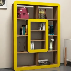Librerie > Dmora Libreria Marrone Noce Giallo 8 Ripiani Installazione Libera 108x22x140h cm, Sfumatura Colore Struttura Noce - Caltrano Giallo, Marrone Noce