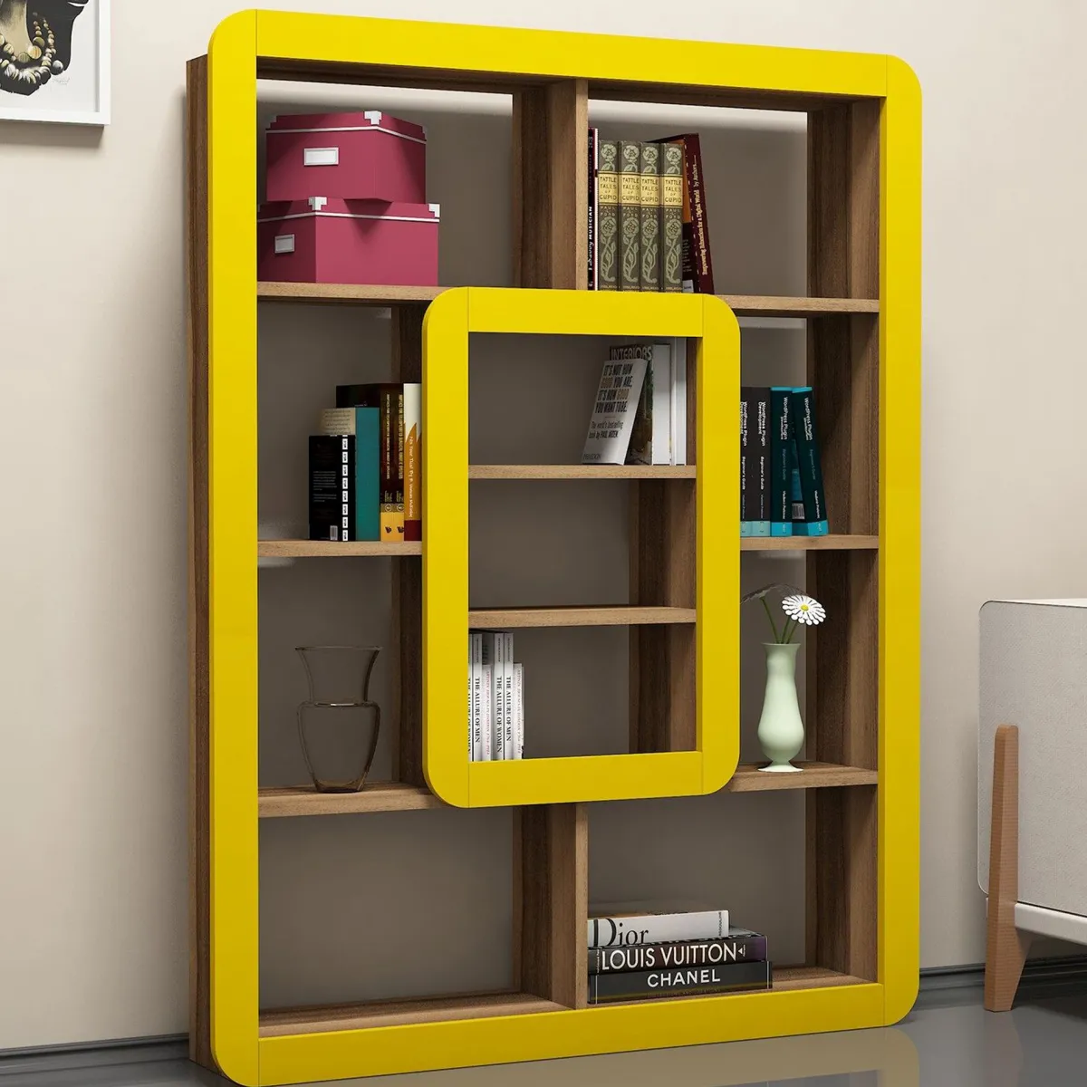 Librerie > Dmora Libreria Marrone Noce Giallo 8 Ripiani Installazione Libera 108x22x140h cm, Sfumatura Colore Struttura Noce - Caltrano Giallo, Marrone Noce