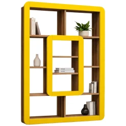 Librerie > Dmora Libreria Marrone Noce Giallo 8 Ripiani Installazione Libera 108x22x140h cm, Sfumatura Colore Struttura Noce - Caltrano Giallo, Marrone Noce