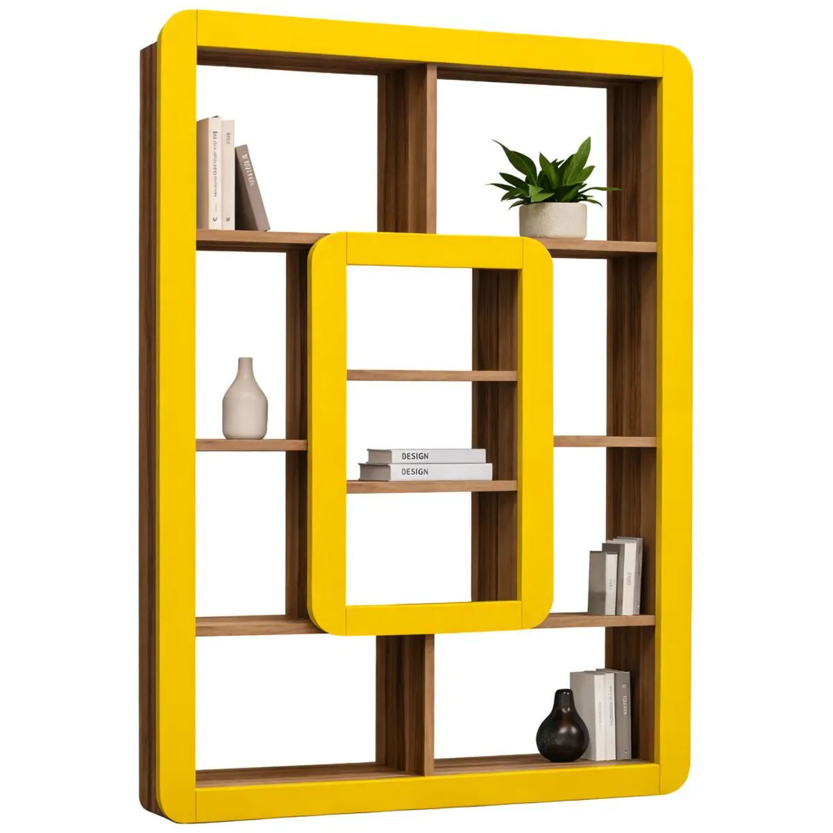 Librerie > Dmora Libreria Marrone Noce Giallo 8 Ripiani Installazione Libera 108x22x140h cm, Sfumatura Colore Struttura Noce - Caltrano Giallo, Marrone Noce