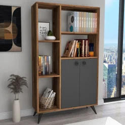 Libreria Marrone Noce Nero Antracite 5 Ripiani 2 Ante 80x25x136h cm, Installazione Libera - Taggia