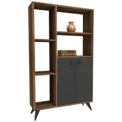 Libreria Marrone Noce Nero Antracite 5 Ripiani 2 Ante 80x25x136h cm, Installazione Libera - Taggia