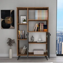 Libreria Marrone Noce Nero Antracite 5 Ripiani 2 Ante 80x25x136h cm, Installazione Libera - Taggia