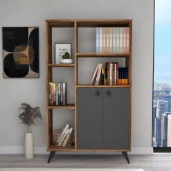 Libreria Marrone Noce Nero Antracite 5 Ripiani 2 Ante 80x25x136h cm, Installazione Libera - Taggia