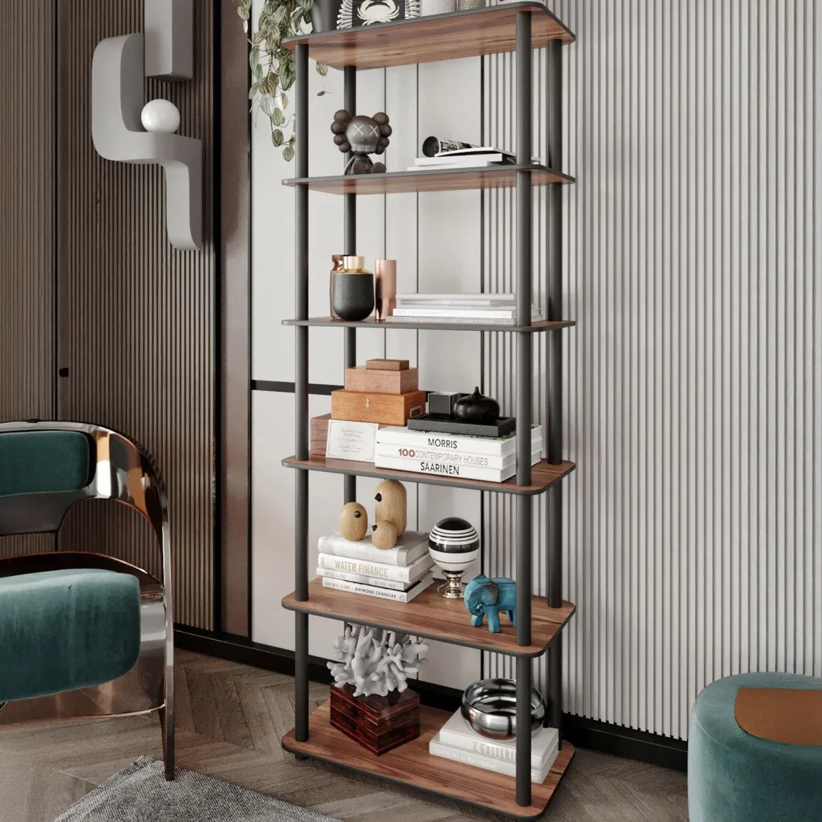 Libreria Marrone Noce Nero 4 Ripiani Installazione Libera 60x30x173h cm, Sfumatura Colore Struttura Noce - Nervina