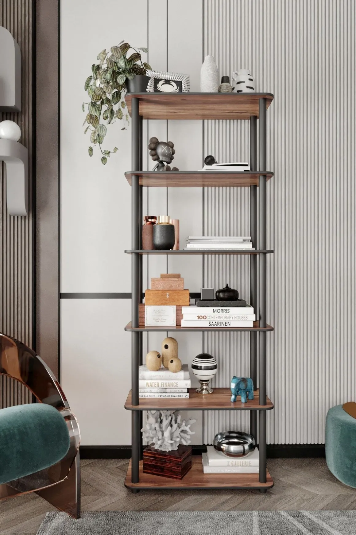 Libreria Marrone Noce Nero 4 Ripiani Installazione Libera 60x30x173h cm, Sfumatura Colore Struttura Noce - Nervina