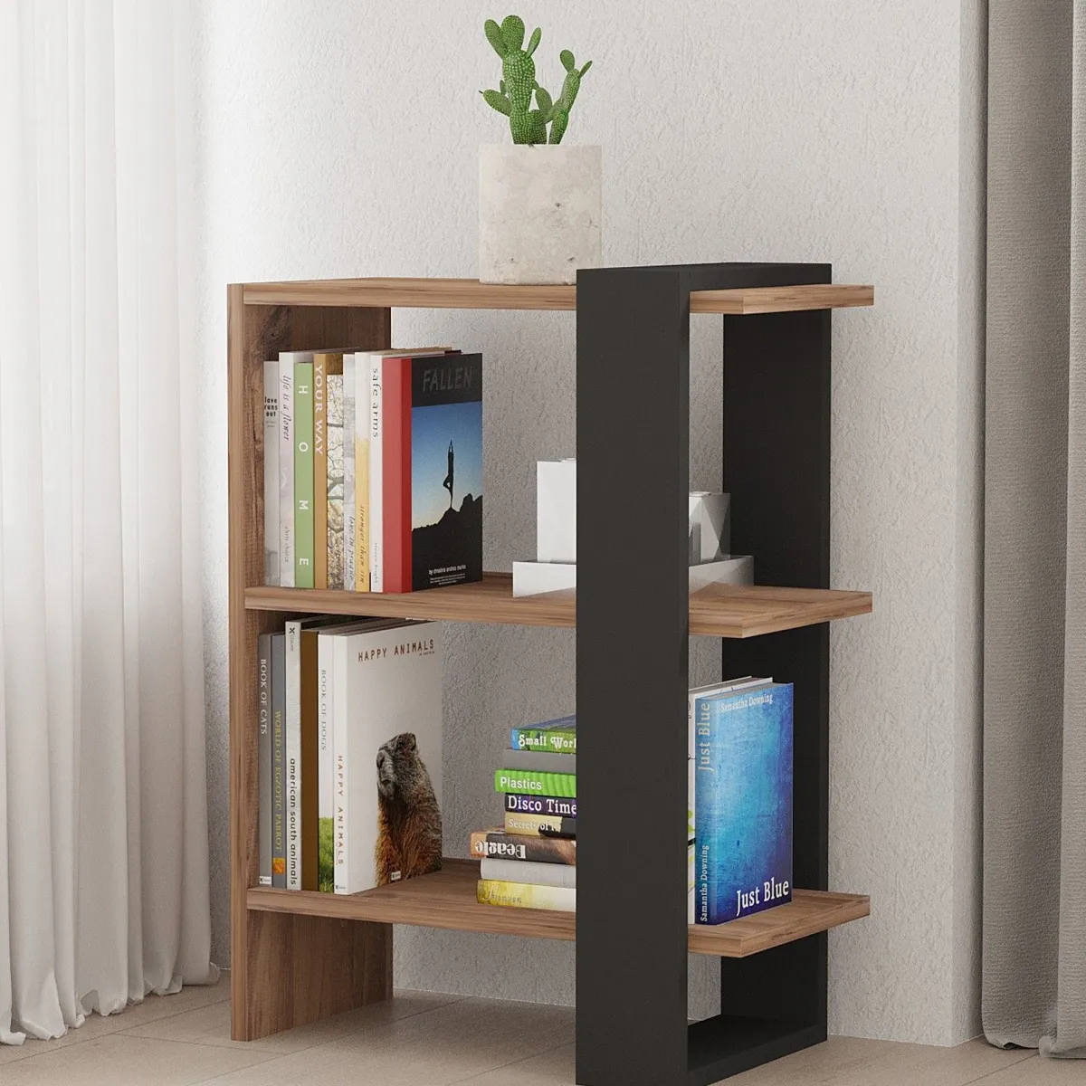 Librerie > Dmora Libreria Marrone Noce Nero Rovere 3 Ripiani Installazione Libera 52x25x70h cm, Utilizzabile Come Divisorio Locale - Netro Nero Rovere, Marrone Noce