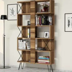 Libreria Marrone Noce 10 Ripiani Installazione Libera 90x22x167h cm, Struttura Verticale - Campagna