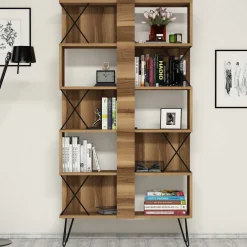 Libreria Marrone Noce 10 Ripiani Installazione Libera 90x22x167h cm, Struttura Verticale - Campagna