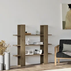 Libreria Marrone Noce 3 Ripiani Installazione Libera 120x23x120h cm, Struttura Verticale - Marenzo