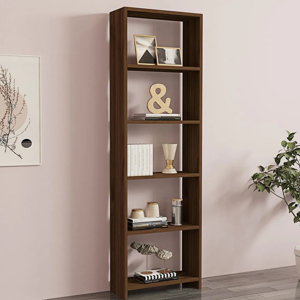 Librerie > Dmora Libreria 5 Ripiani Utilizzabile Come Divisorio Locale 154.8x34x180h cm, Struttura Bifacciale - Colli Marrone Noce