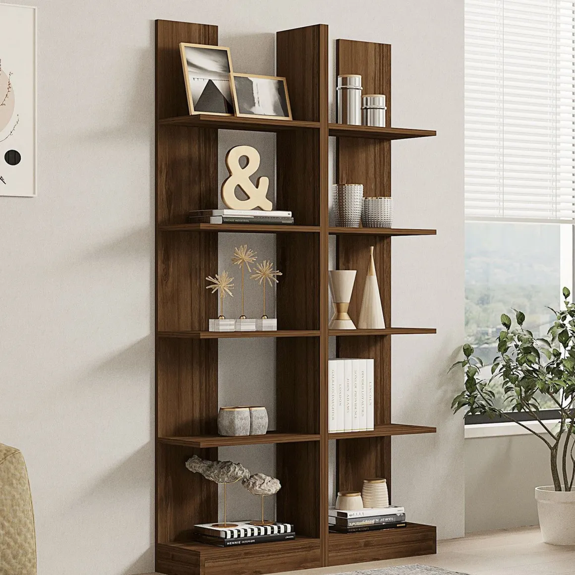 Libreria Marrone Noce 8 Ripiani Installazione Libera 100x26x187h cm, Struttura Verticale - Noasca