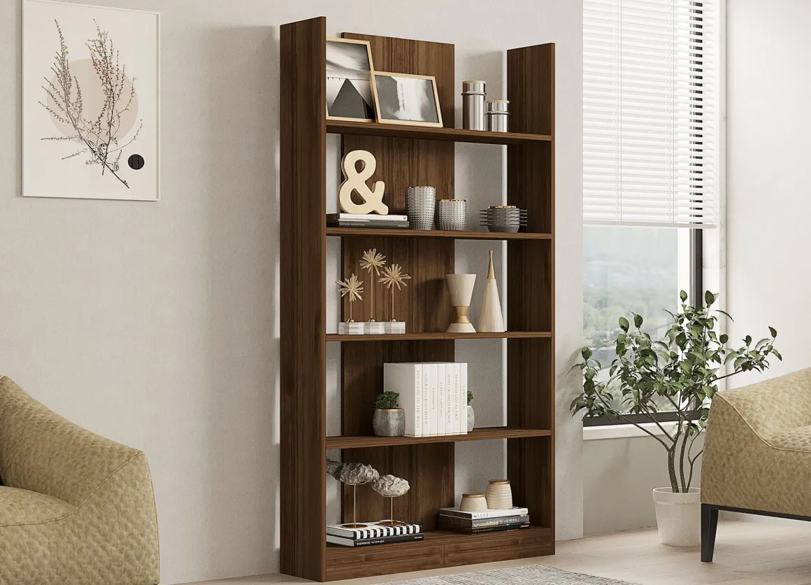 Libreria Marrone Noce 8 Ripiani Installazione Libera 100x26x187h cm, Struttura Verticale - Noasca