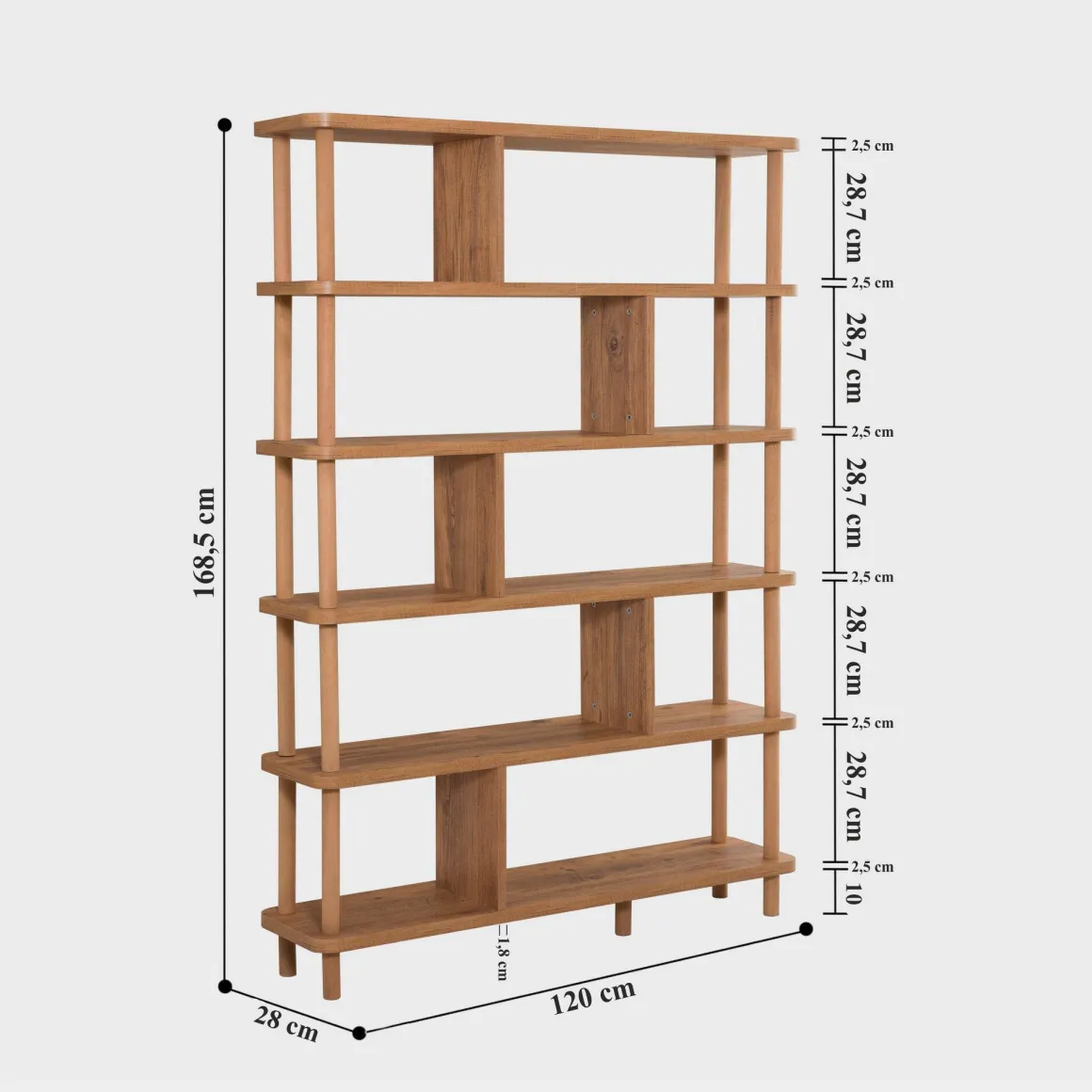 Libreria Marrone Quercia 5 Ripiani Installazione a Terra 120x28x168.5h cm, Sfumatura Colore Struttura Quercia - Amatrice