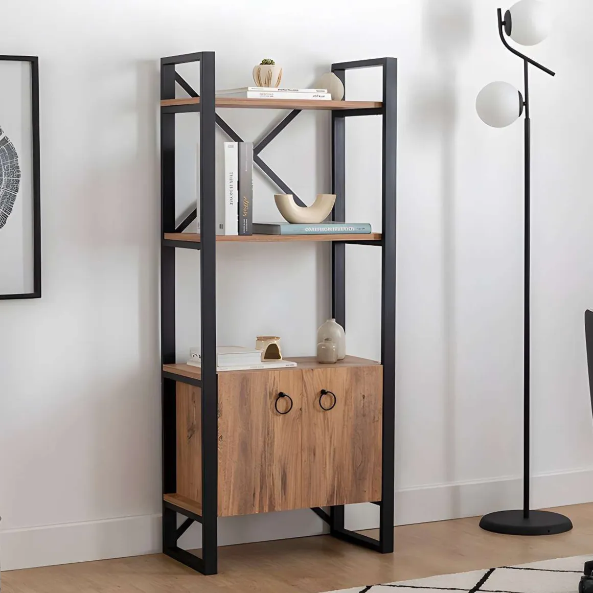 Librerie > Dmora Libreria Marrone Rovere Nero 4 Ripiani Installazione Libera 30x156x60h cm, Utilizzabile Come Divisorio Locale - Pocenia Nero, Marrone Rovere