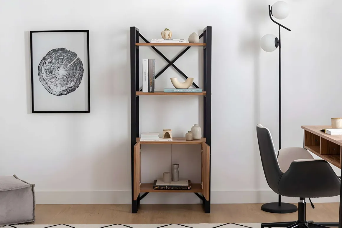 Librerie > Dmora Libreria Marrone Rovere Nero 4 Ripiani Installazione Libera 30x156x60h cm, Utilizzabile Come Divisorio Locale - Pocenia Nero, Marrone Rovere