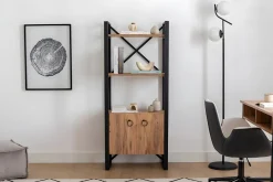 Libreria Marrone Rovere Nero 2 Ripiani 2 Ante 64x32x160h cm, Installazione Libera - Cicciano