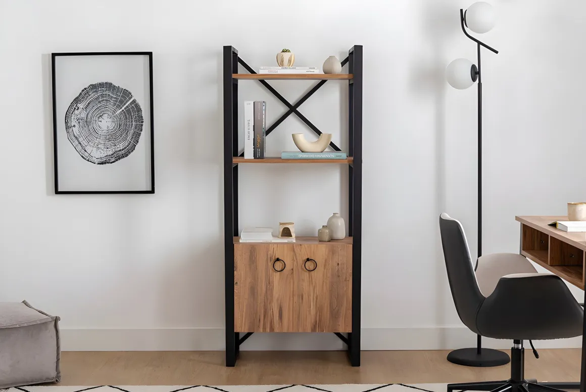 Libreria Marrone Rovere Nero 2 Ripiani 2 Ante 64x32x160h cm, Installazione Libera - Cicciano