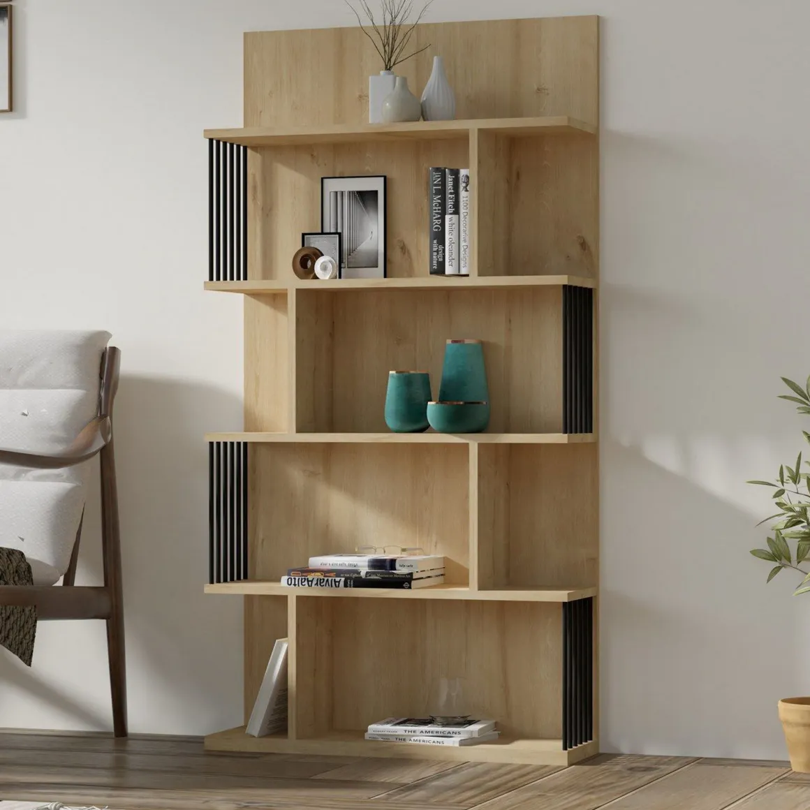 Librerie > Dmora Libreria Marrone Rovere Nero 4 Ripiani Installazione Libera 85x35x180h cm, Utilizzabile Come Divisorio Locale - Luras Nero, Marrone Rovere
