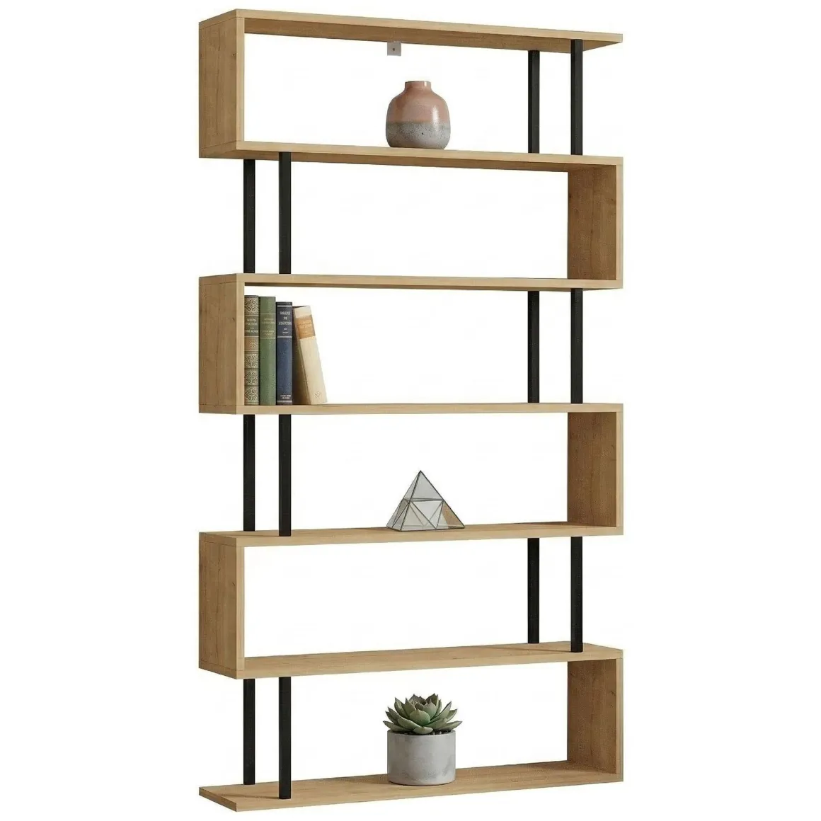 Libreria Marrone Rovere Nero 5 Ripiani Installazione Libera 90x22x163h cm, Sfumatura Colore Struttura Rovere - Stio