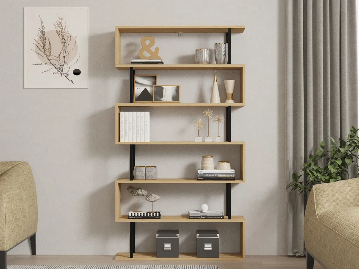 Libreria Marrone Rovere Nero 5 Ripiani Installazione Libera 90x22x163h cm, Sfumatura Colore Struttura Rovere - Stio