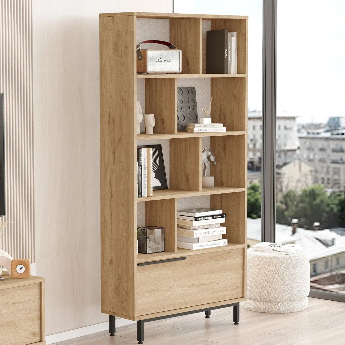 Librerie > Dmora Libreria 9 Ripiani Installazione Libera 45x20x150h cm, Struttura Verticale - Mortara Marrone Rovere