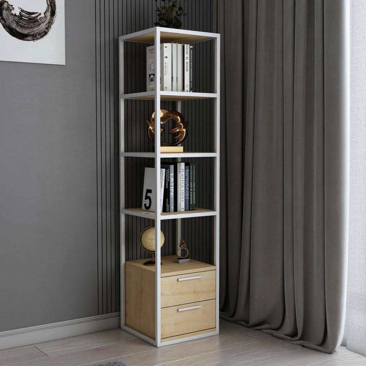 Librerie|Ufficio > Dmora Libreria minimal bianca e rovere 39x169h cm - Arsim Marrone, Bianco Rovere