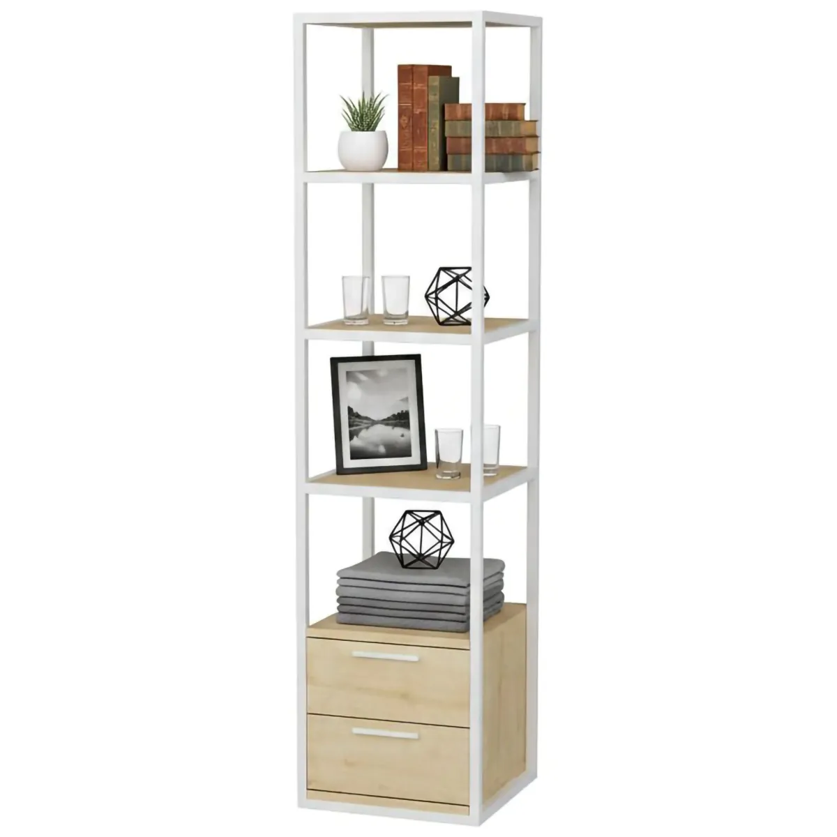 Librerie|Ufficio > Dmora Libreria minimal bianca e rovere 39x169h cm - Arsim Marrone, Bianco Rovere