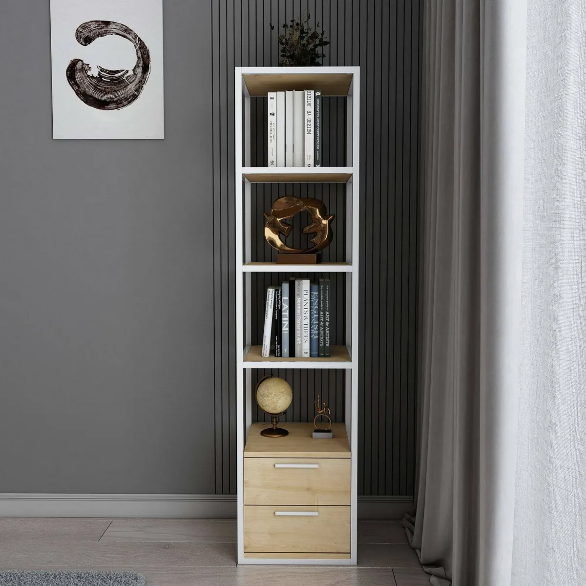Librerie|Ufficio > Dmora Libreria minimal bianca e rovere 39x169h cm - Arsim Marrone, Bianco Rovere
