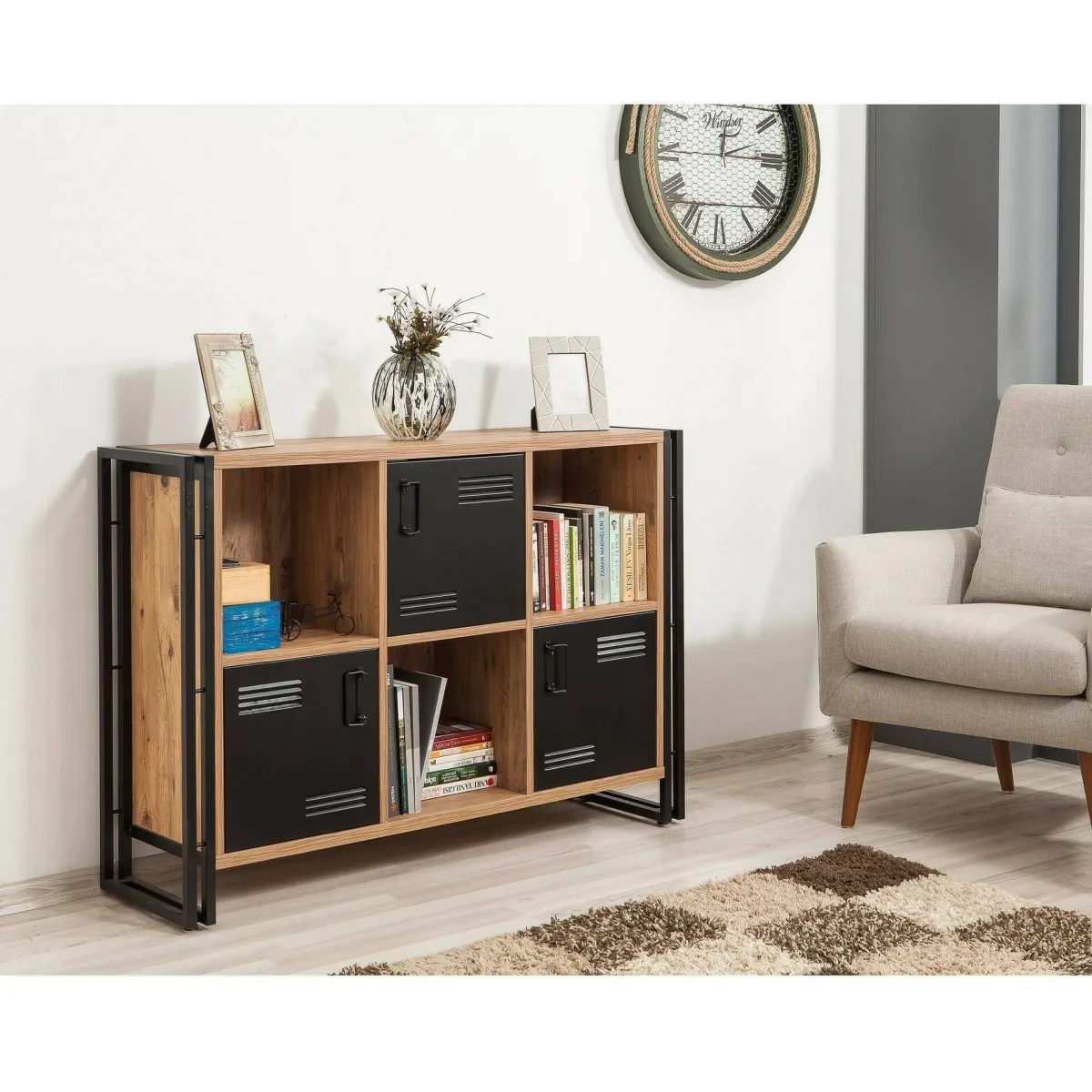 Librerie|Ufficio > Dmora Libreria moderna quercia e nera 126x89h cm - Ercolina Nero, Marrone Quercia