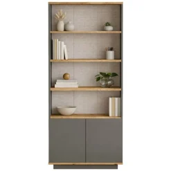 Libreria Nero Antracite Marrone Rovere 3 Ripiani 2 Ante 75x27x168h cm, Installazione Libera - Dego