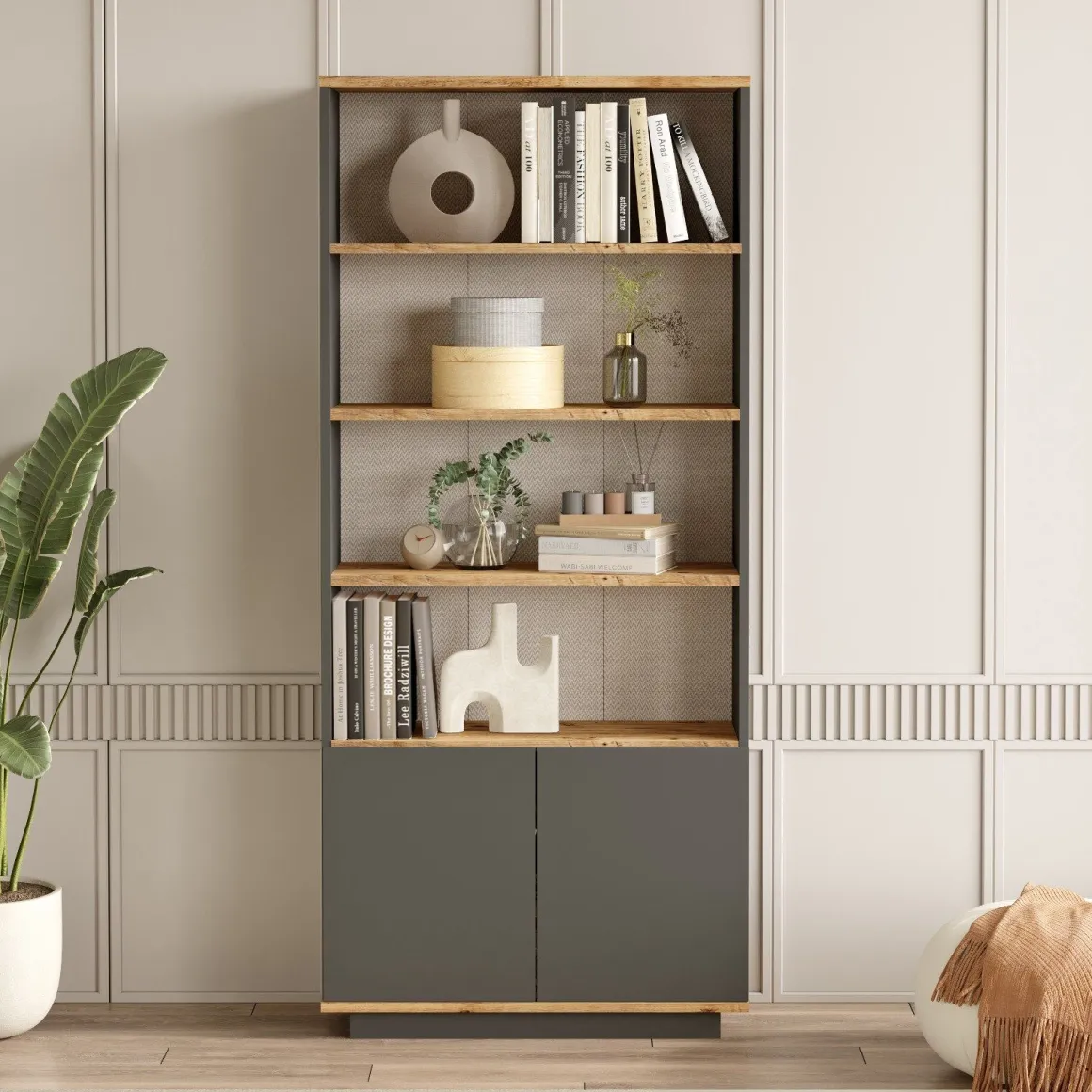 Libreria Nero Antracite Marrone Rovere 3 Ripiani 2 Ante 75x27x168h cm, Installazione Libera - Dego