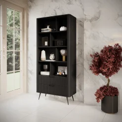 Libreria Nero 2 Cassetti 4 Ripiani 88x38x194h cm, con Piedini - Kabavasi