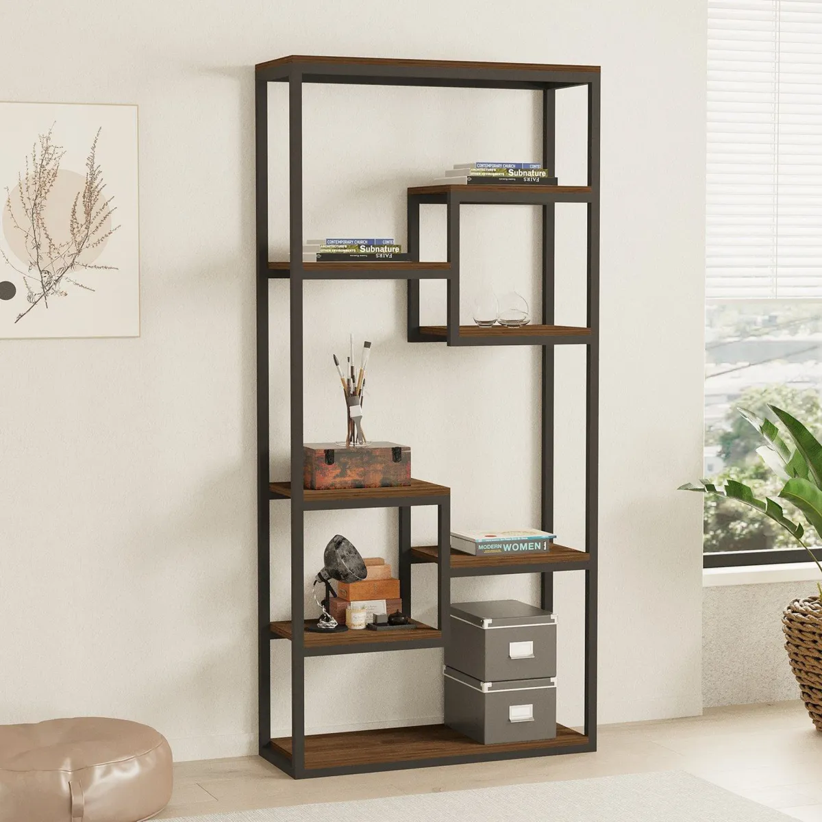 Librerie > Dmora Libreria Nero Marrone Noce 6 Ripiani Installazione Libera 85x29x182h cm, Utilizzabile Come Divisorio Locale - Rofrano Marrone, Nero Noce