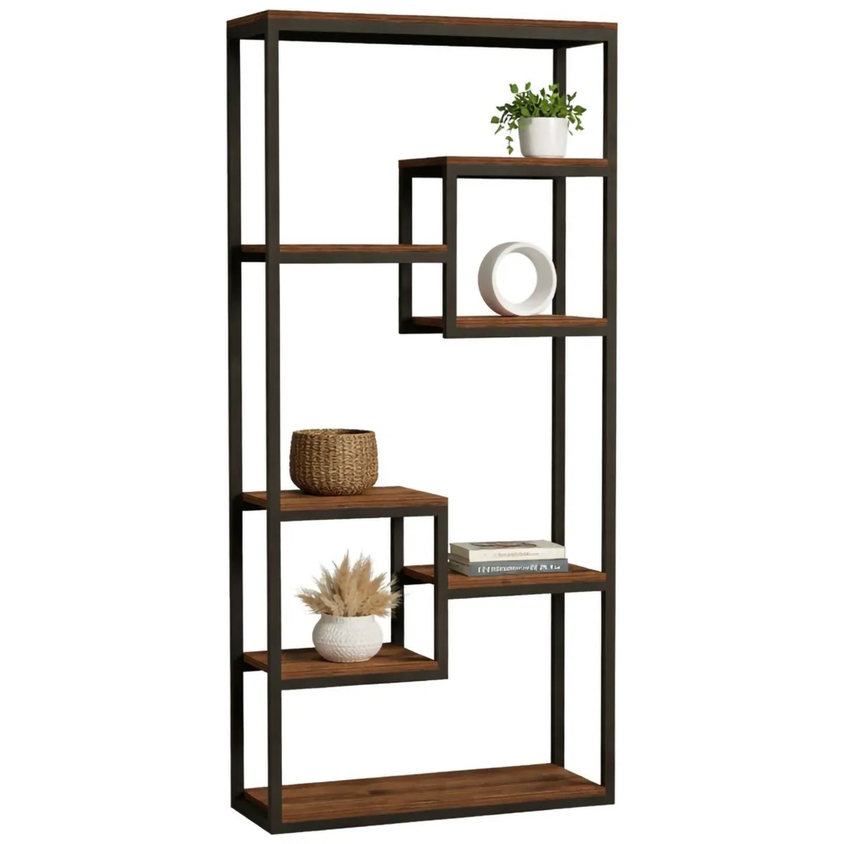 Librerie > Dmora Libreria Nero Marrone Noce 6 Ripiani Installazione Libera 85x29x182h cm, Utilizzabile Come Divisorio Locale - Rofrano Marrone, Nero Noce