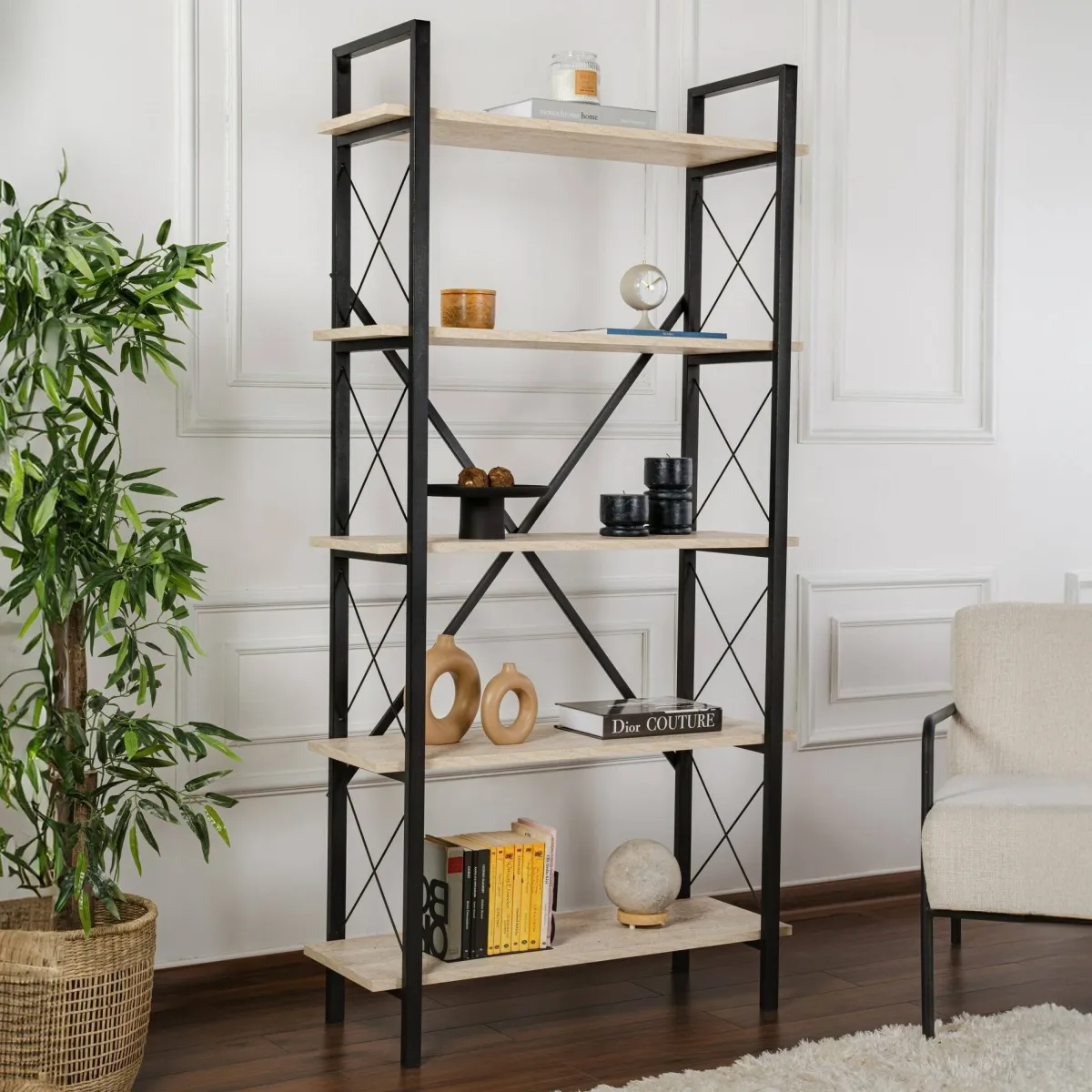 Librerie > Dmora Libreria 5 ripiani beige e nera 90x180h cm - Suriel Nero, Beige
